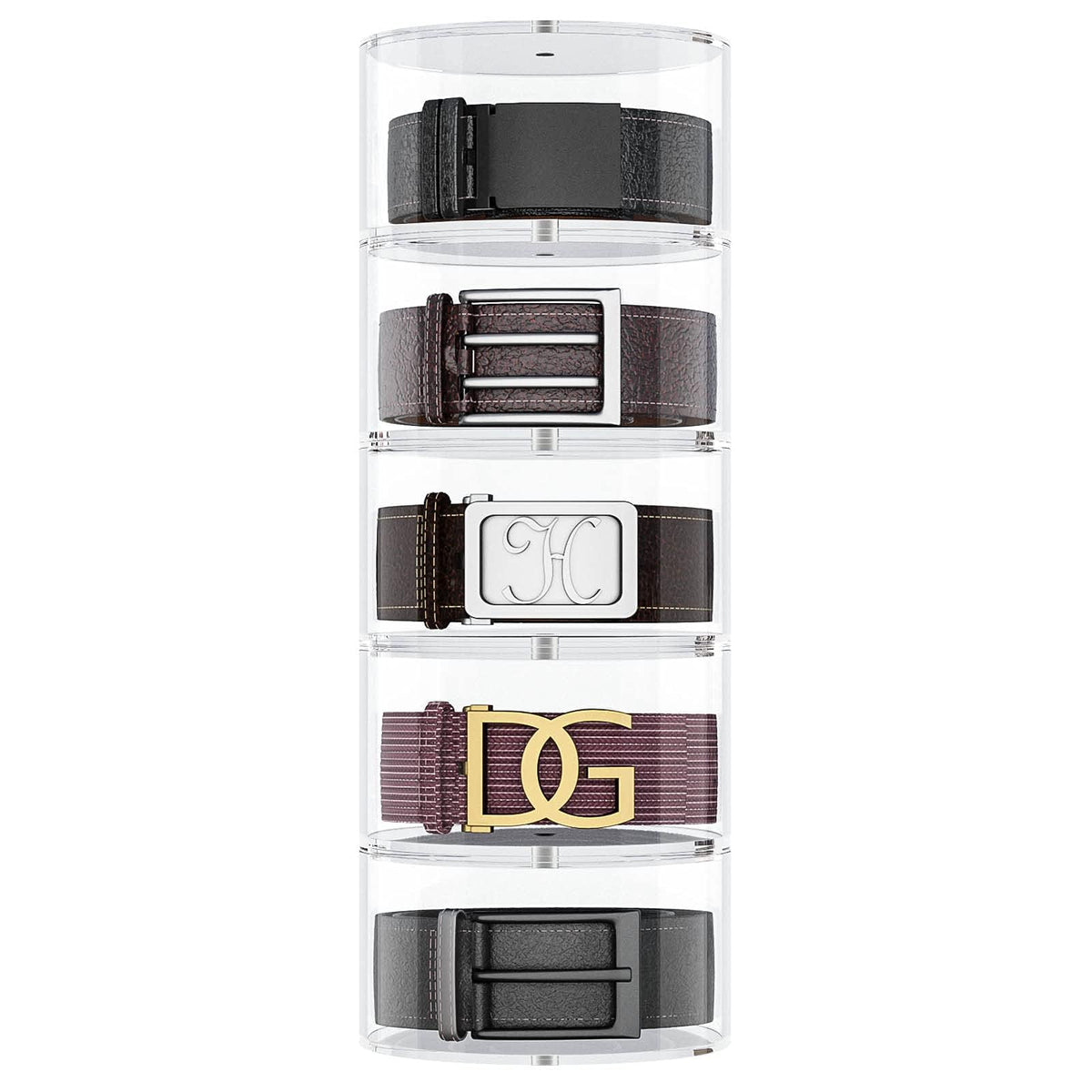NIUBEE front view acrylic belt box showing clear compartments and neat storage benefit