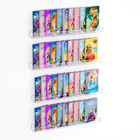 NIUBEE front view showing four clear floating shelves and tidy storage benefit
