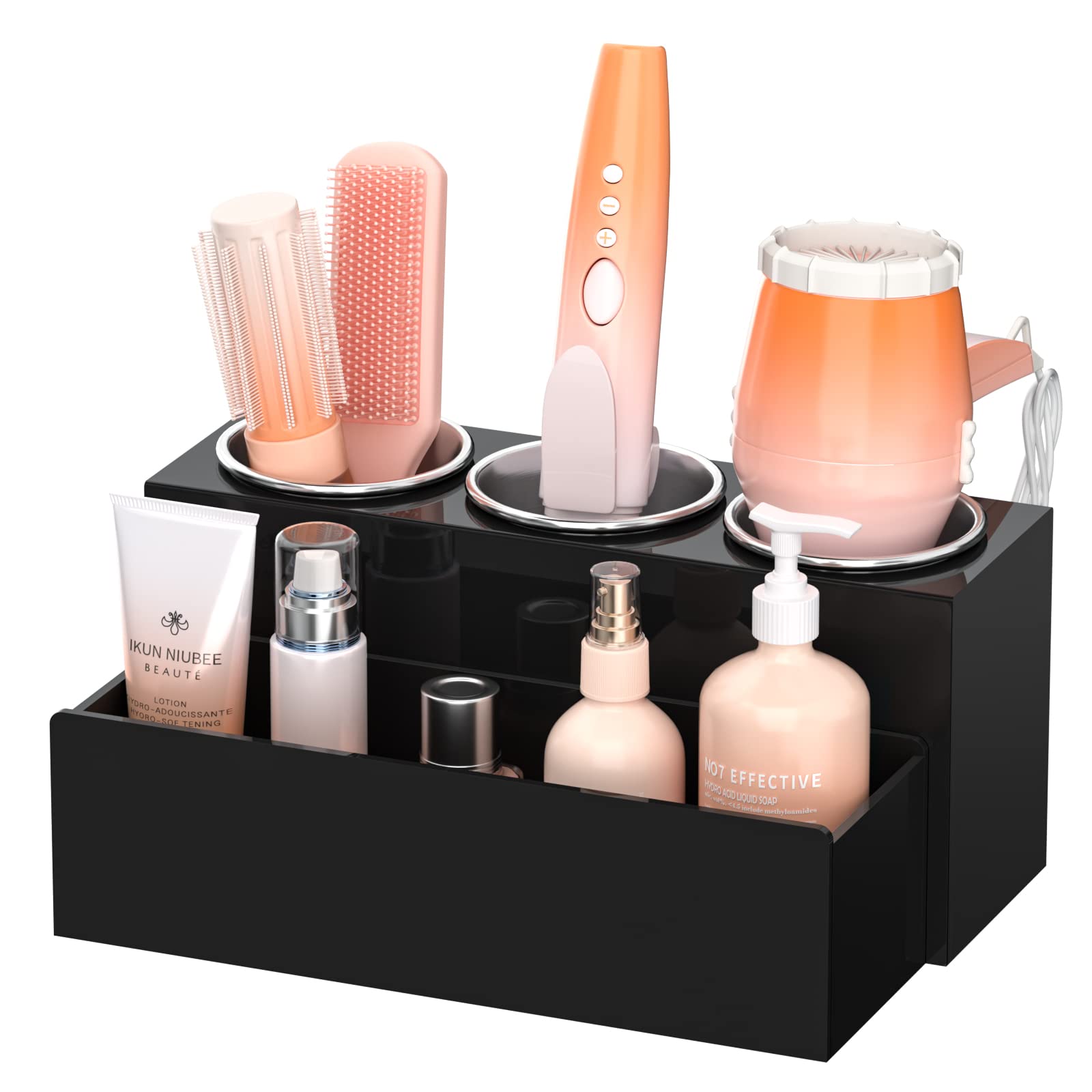 NIUBEE front view of black acrylic hair tool organizer showing tidy storage benefit