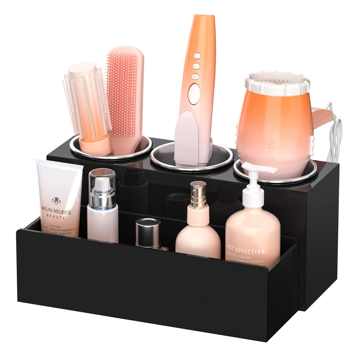 NIUBEE front view of black acrylic hair tool organizer showing tidy storage benefit