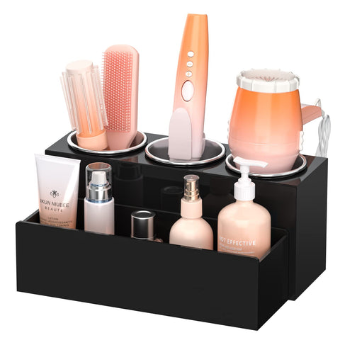 NIUBEE front view of black acrylic hair tool organizer showing tidy storage benefit