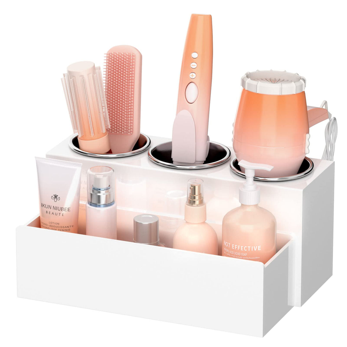 NIUBEE front view organizer showing compact storage and tidy counter benefit
