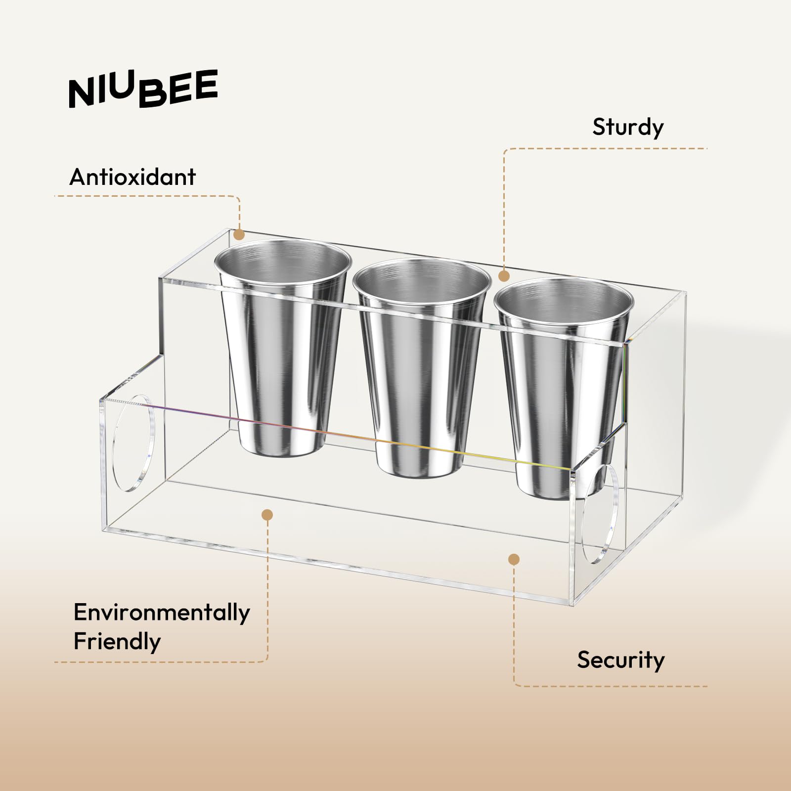 NIUBEE on a bathroom vanity styled with brushes and cosmetics for organized counter
