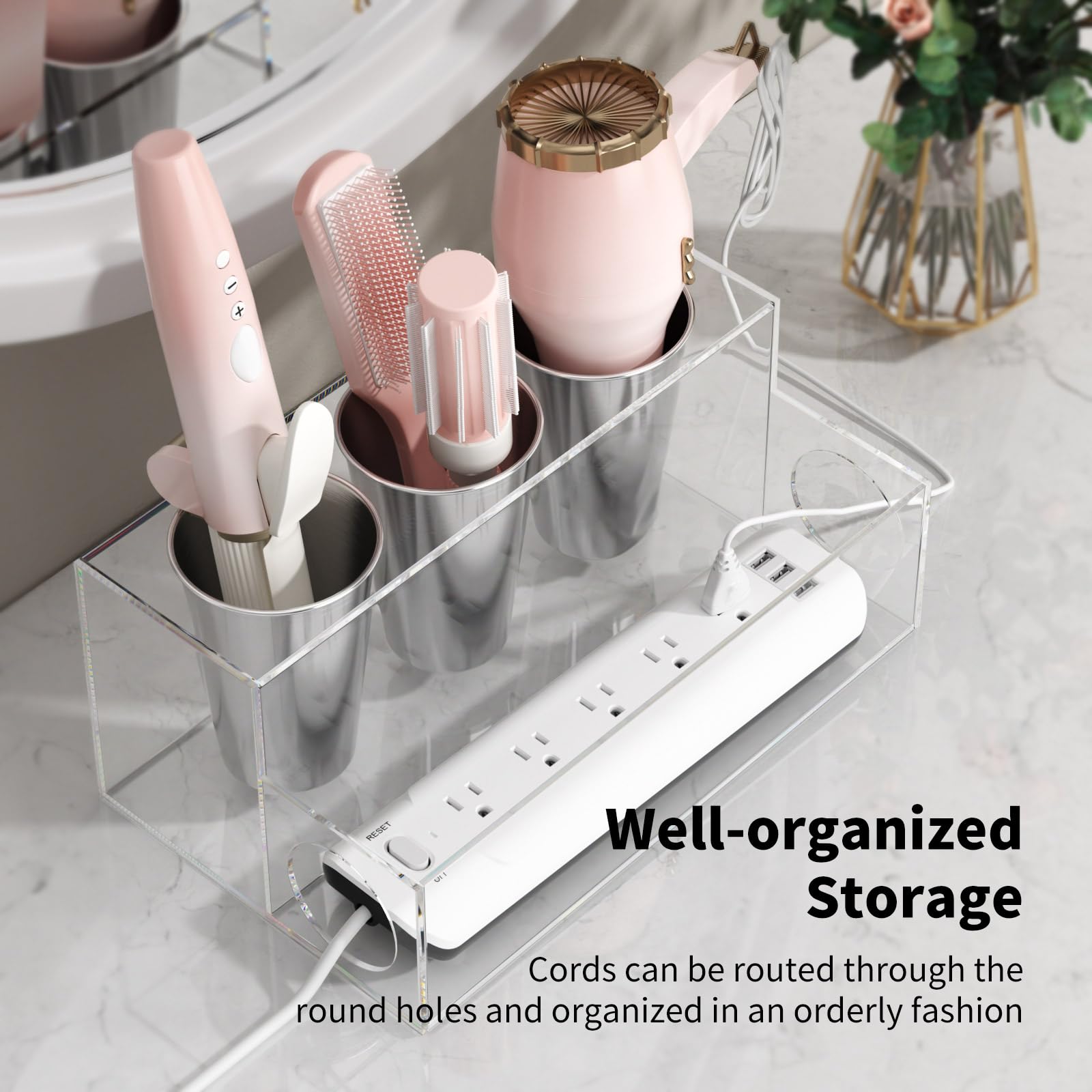 NIUBEE organizer holding hair dryer and iron for quick-access styling benefit