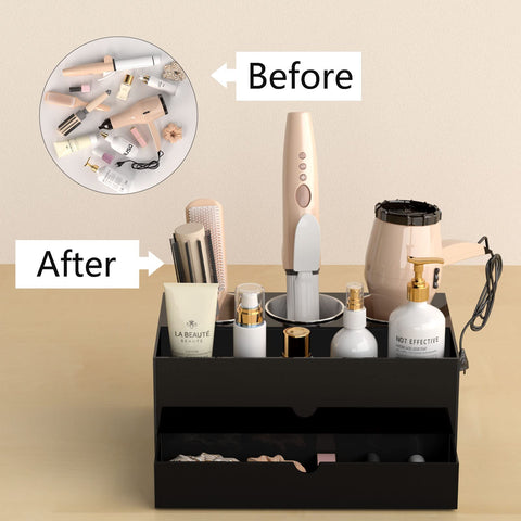 NIUBEE shelf stocked with makeup and brushes for easy visibility