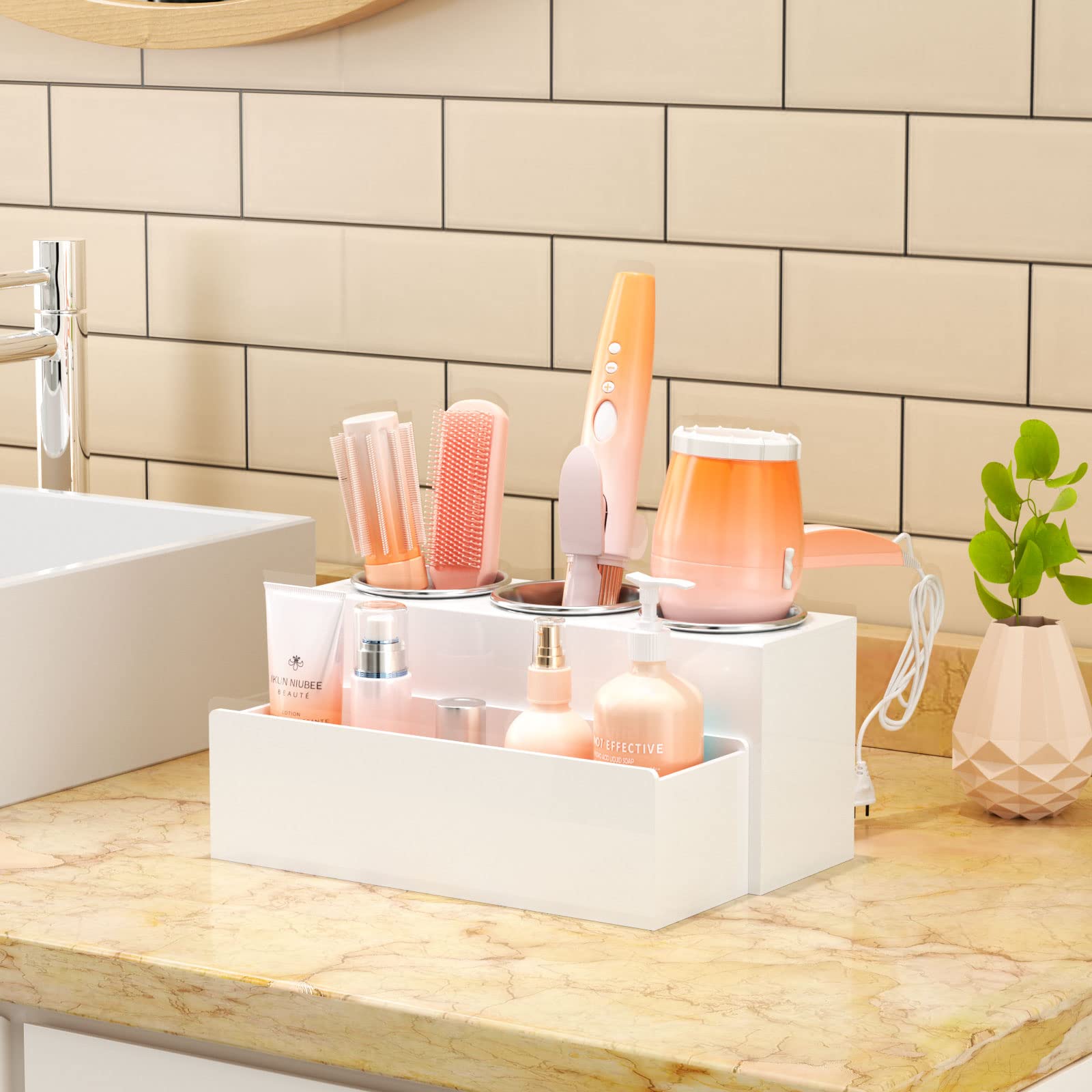 NIUBEE side profile with hair dryer demonstrating organized reach and convenience