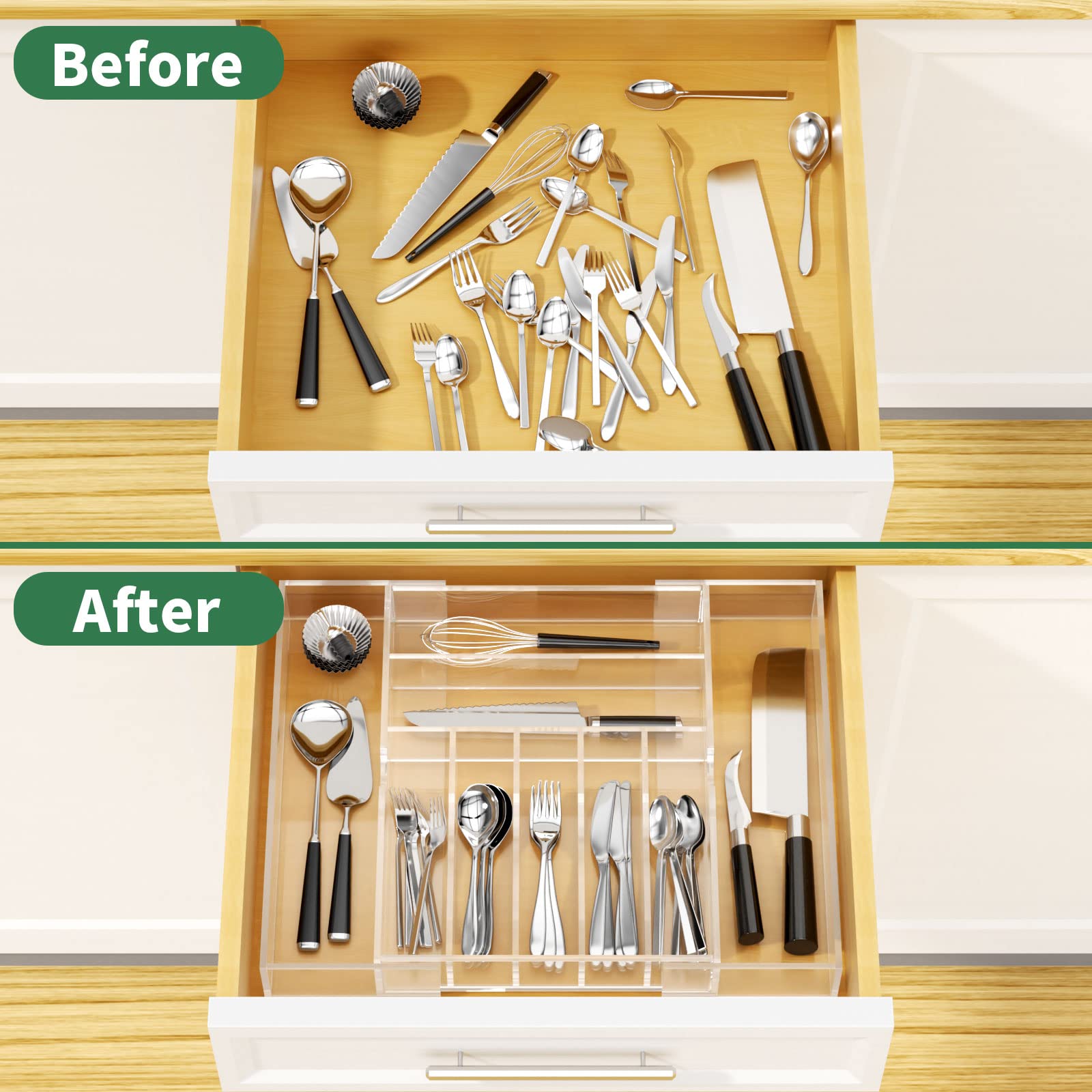NIUBEE silverware organizer installed in drawer for neat everyday access