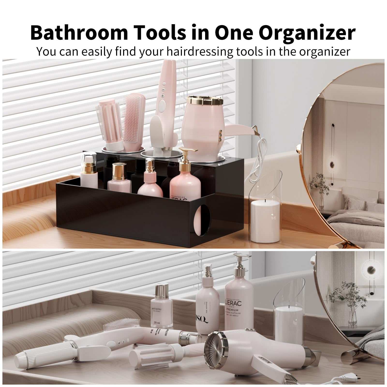 NIUBEE on a vanity with brushes and cosmetics demonstrating tidy-lifestyle benefit