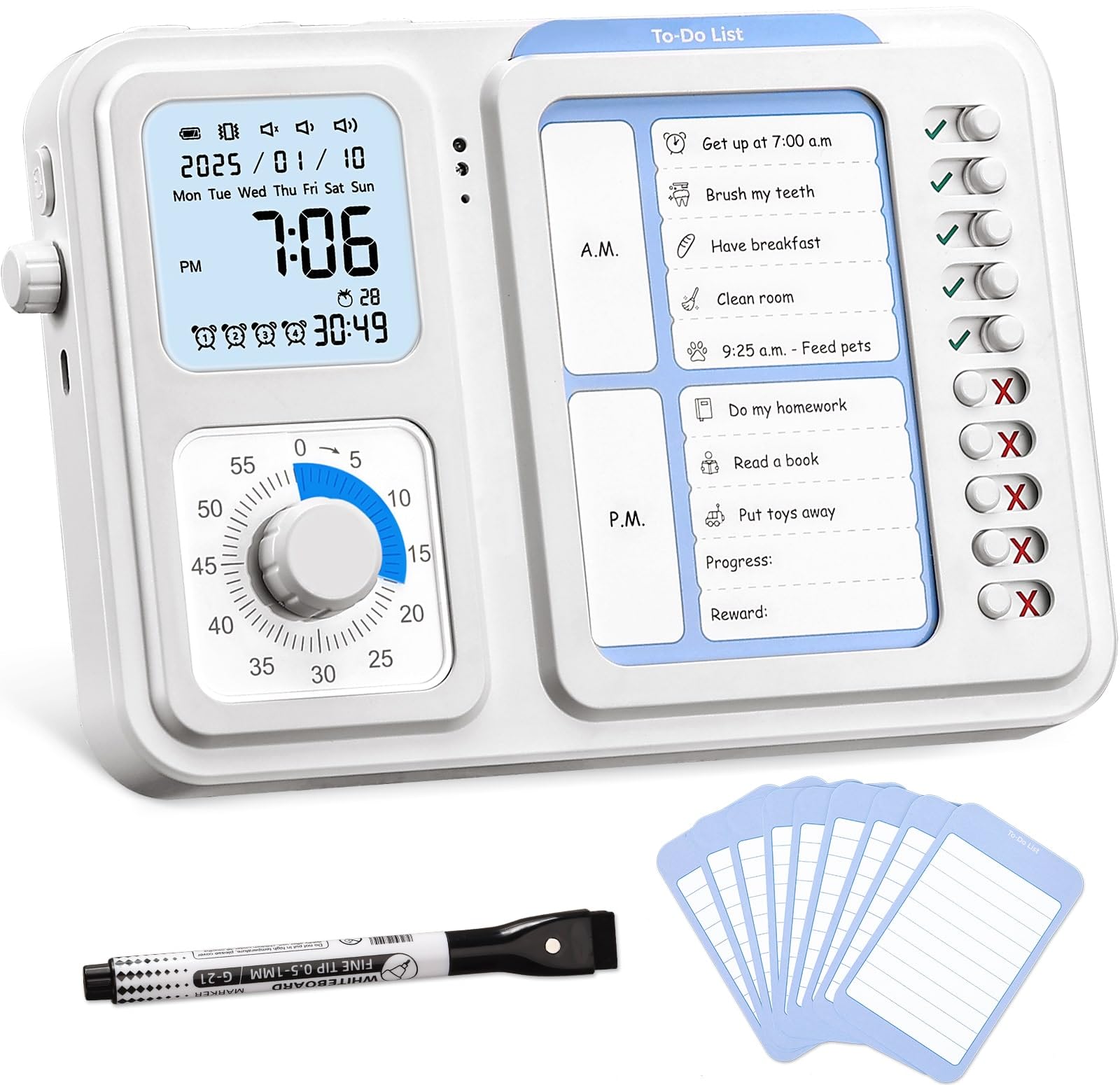 Nixroork front view showing timer, clock and chore board for easy routines