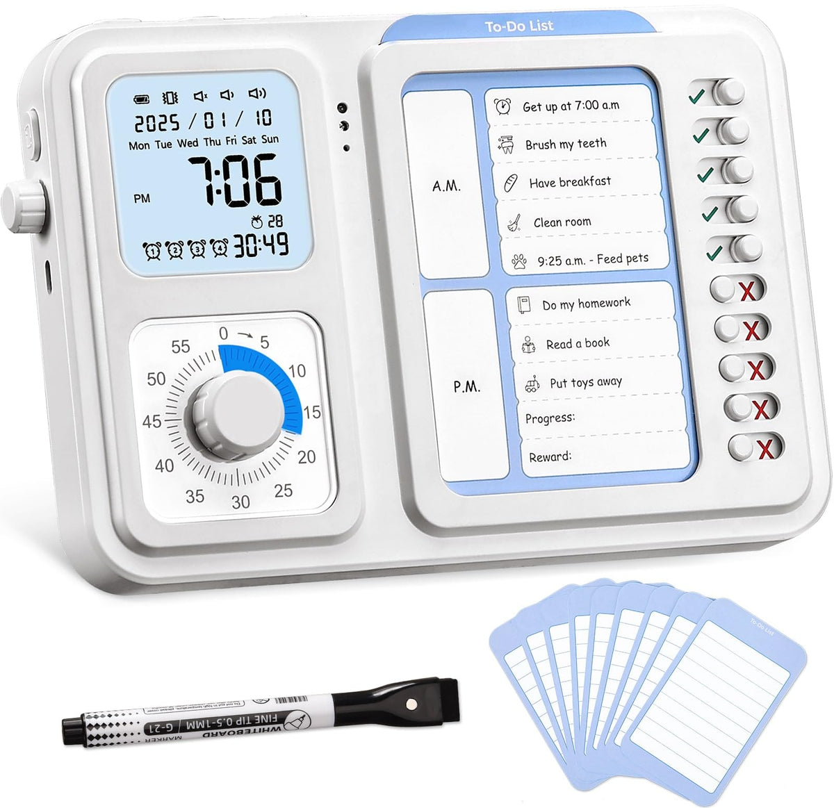 Nixroork front view showing timer, clock and chore board for easy routines