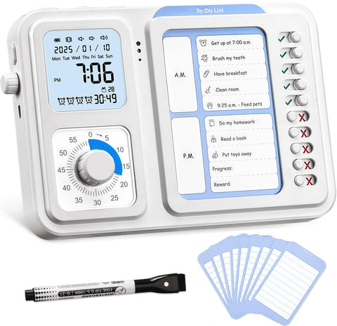 Nixroork front view showing timer, clock and chore board for easy routines