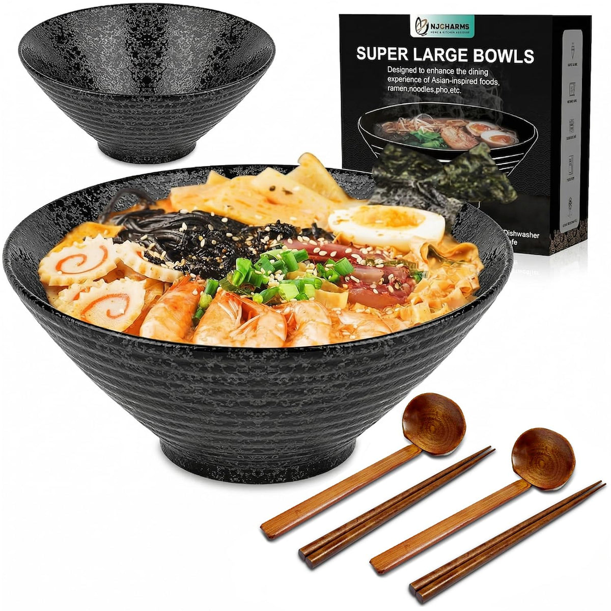 NJCHARMS matte black bowl front view shows modern design and serving appeal