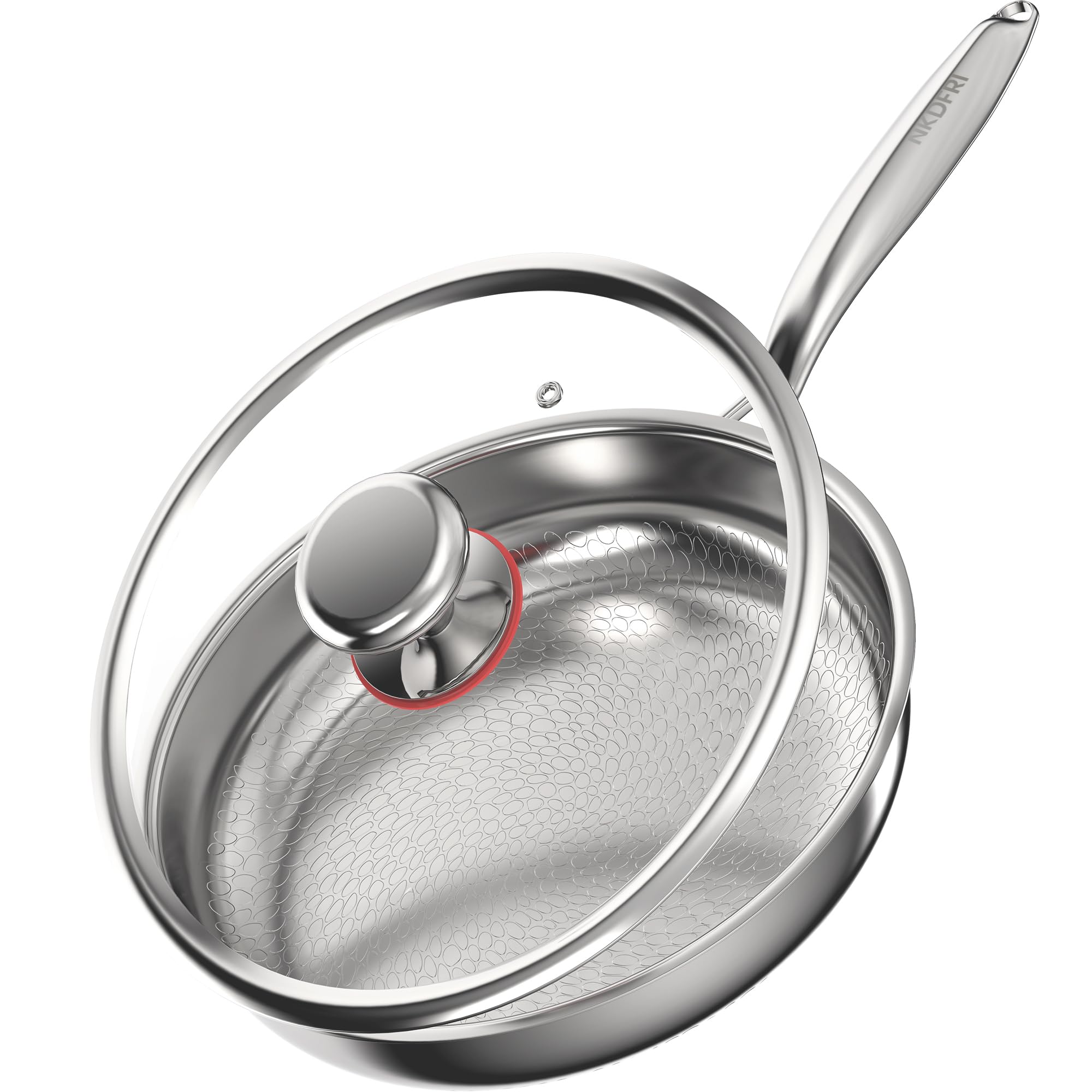 NKDFRI front view of 11-inch pan showing sleek hammered finish and ergonomic handle benefit