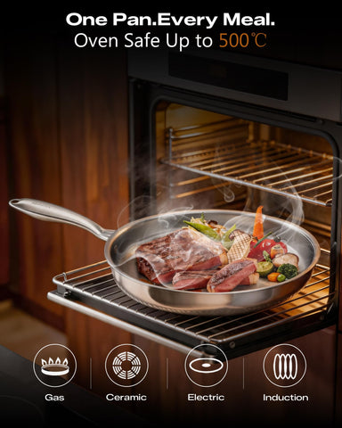 NKDFRI pan beside common kitchen items showing 11-inch scale and everyday convenience