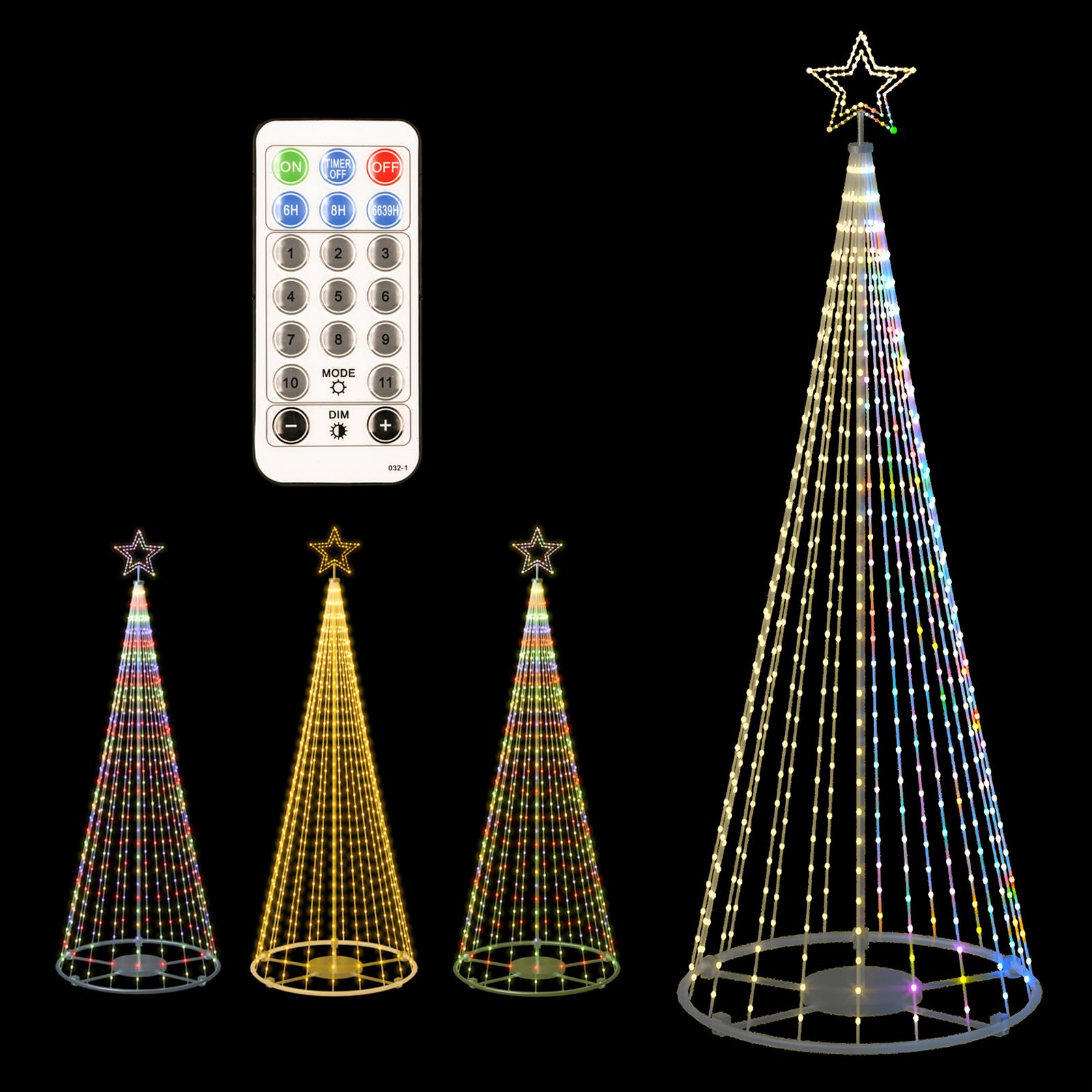 NlkeWbly 12ft cone tree front view showing full multicolor glow and tall silhouette