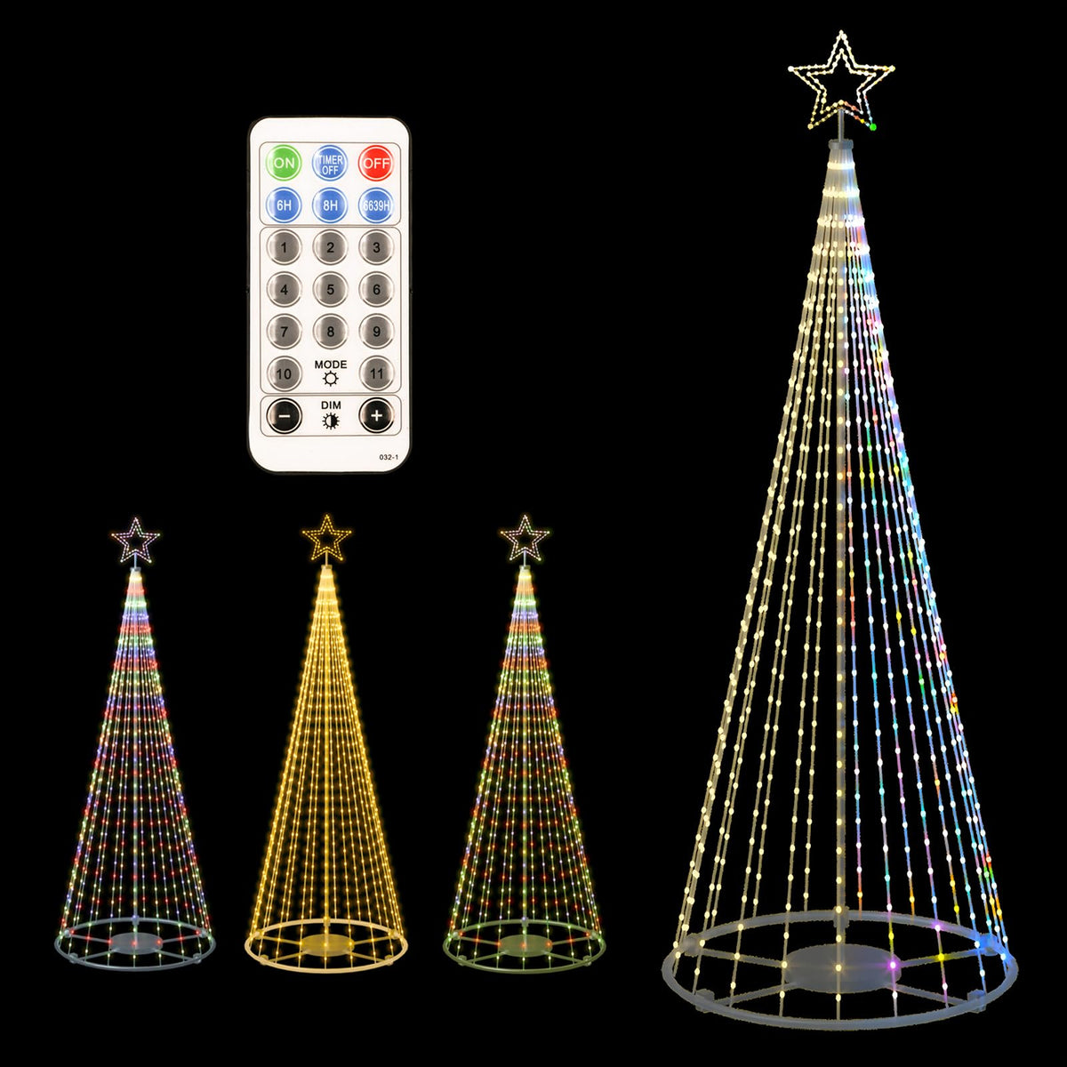 NlkeWbly 12ft cone tree front view showing full multicolor glow and tall silhouette