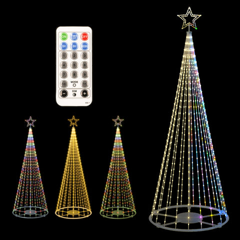 NlkeWbly 12ft cone tree front view showing full multicolor glow and tall silhouette