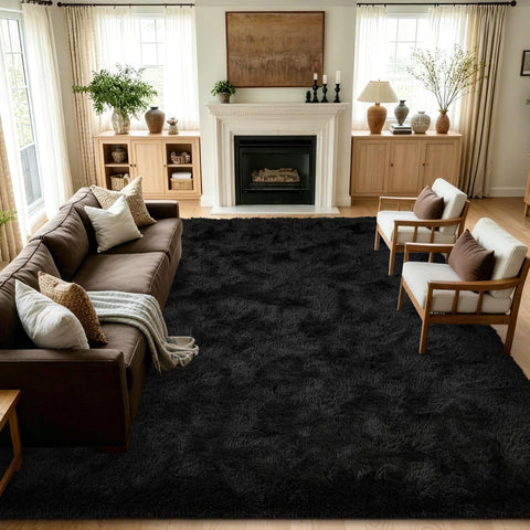 Noahas front view of 8x10 black rug showing plush look and room anchoring benefit
