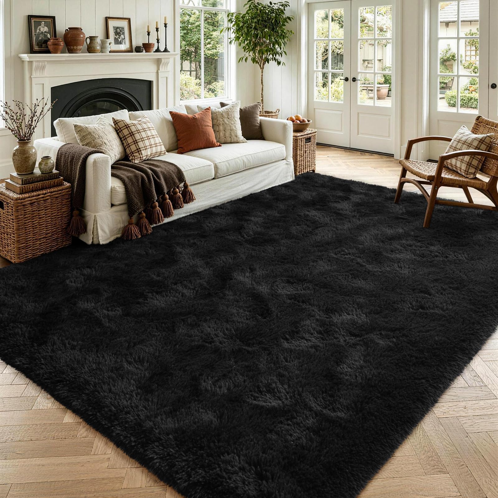 Noahas front view of 5x7 black rug showing plush pile and modern look, enhances décor