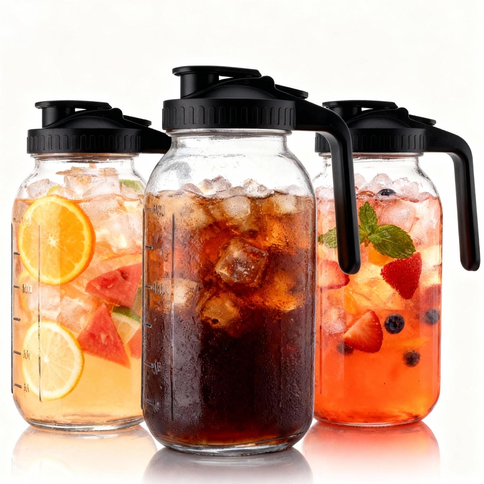 Nobityop front view of three glass pitchers showing full set and lids, ideal for serving