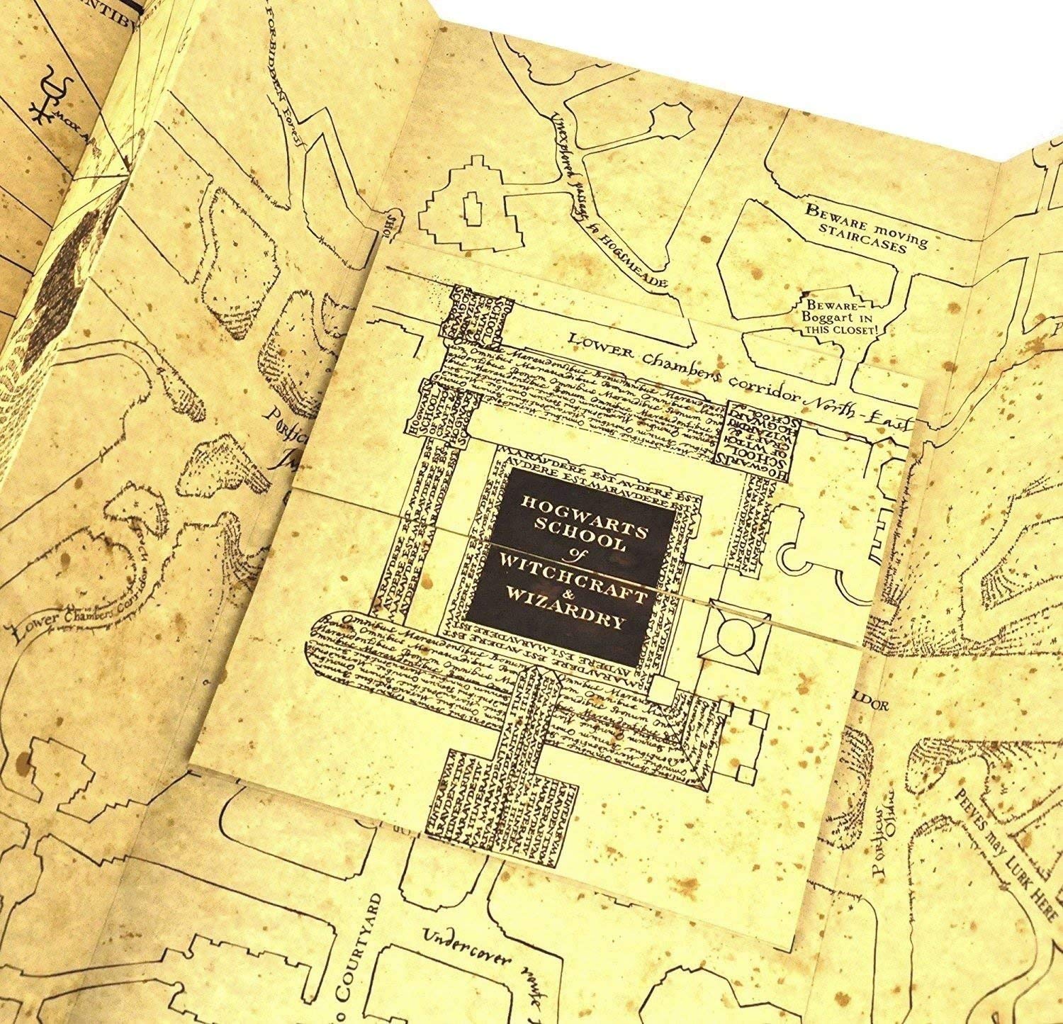 The Noble Collection Marauder's Map close-up of script and illustrations showing authentic detail