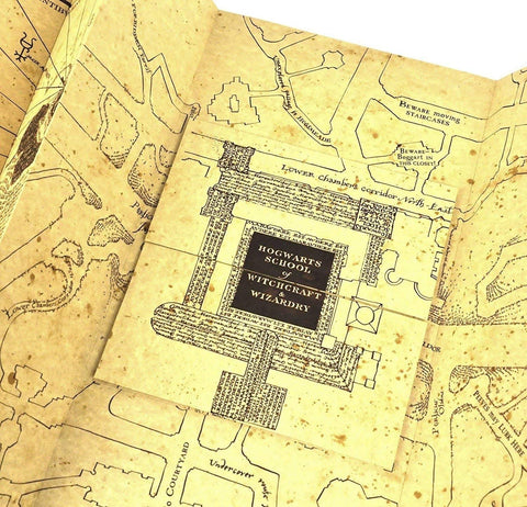 The Noble Collection Marauder's Map close-up of script and illustrations showing authentic detail