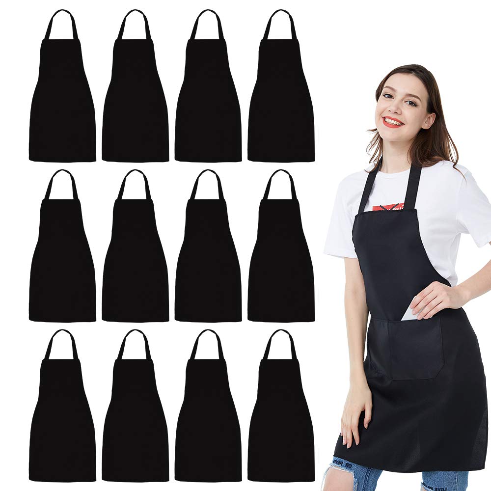 NOBONDO front view of twelve black bib aprons showing neat stack and uniform look