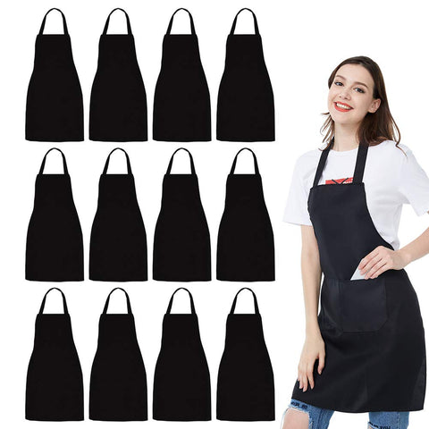 NOBONDO front view of twelve black bib aprons showing neat stack and uniform look