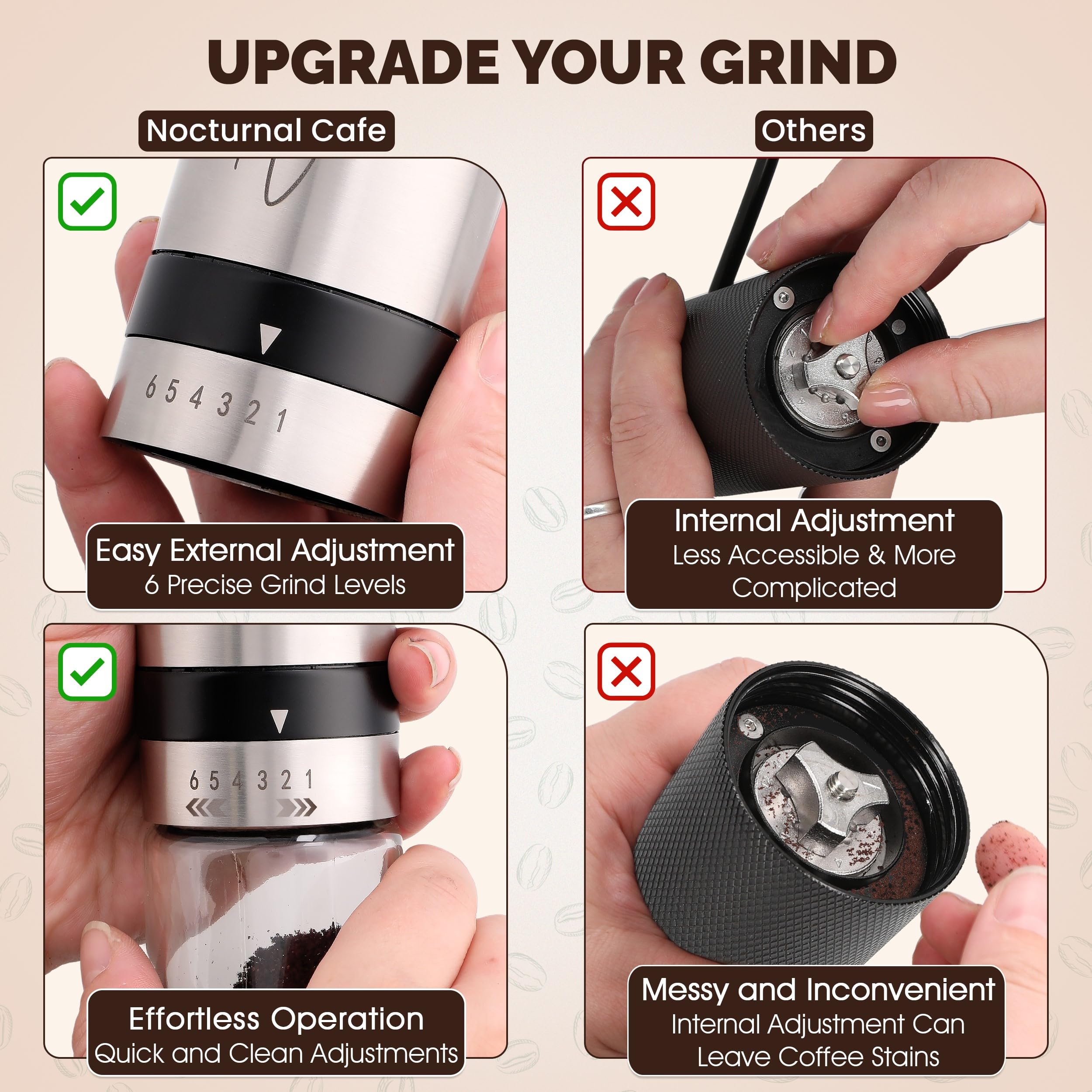 Nocturnal Cafe grinder in use with pour-over setup for fresh extraction
