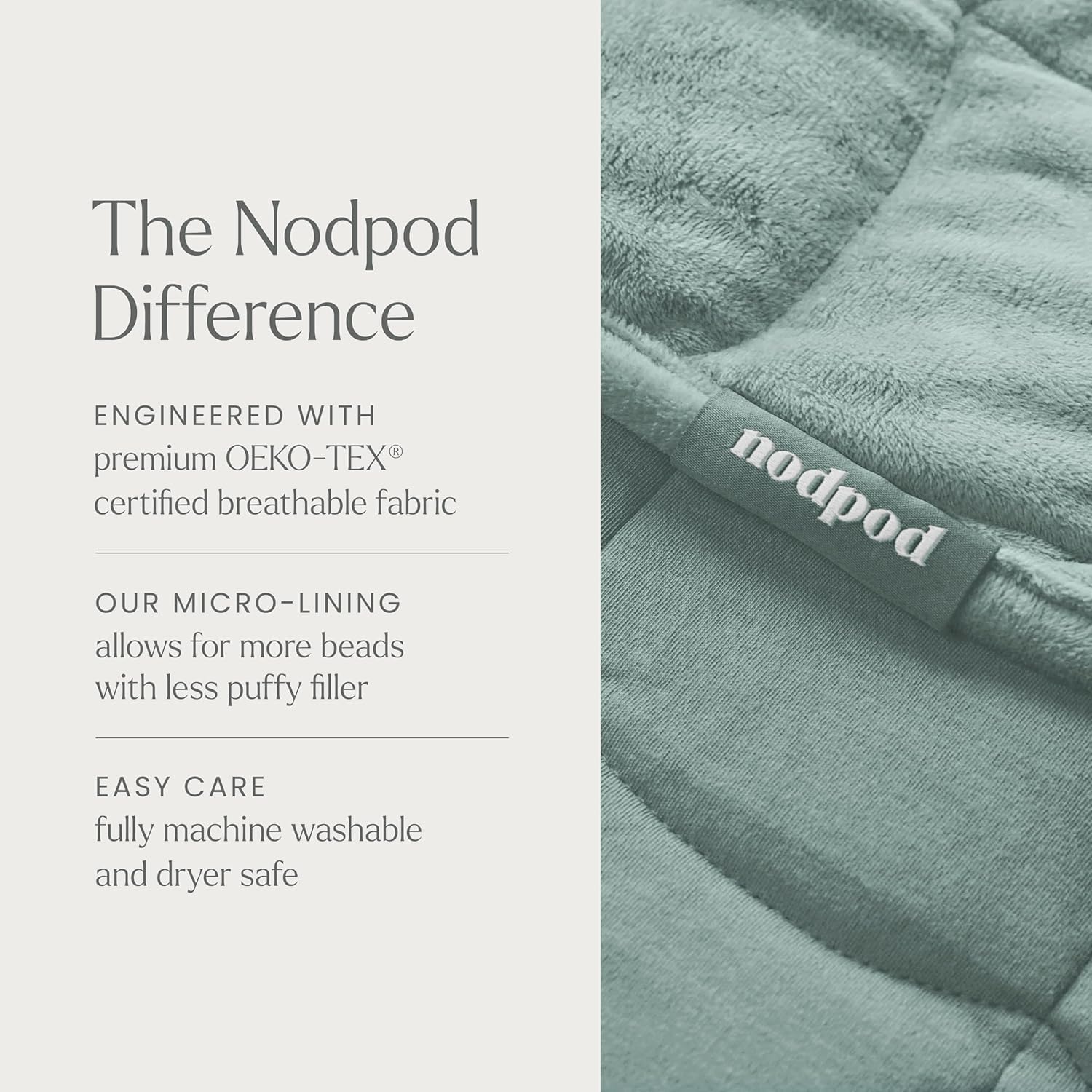 nodpod body label and stitching close-up showing quality construction benefit