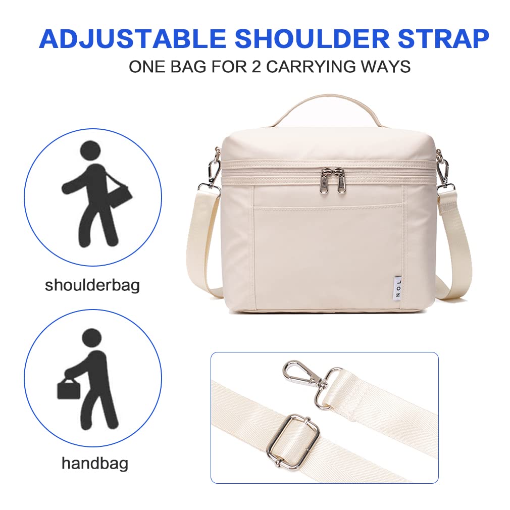 NOL cream bag side view with water bottle illustrating capacity and fit