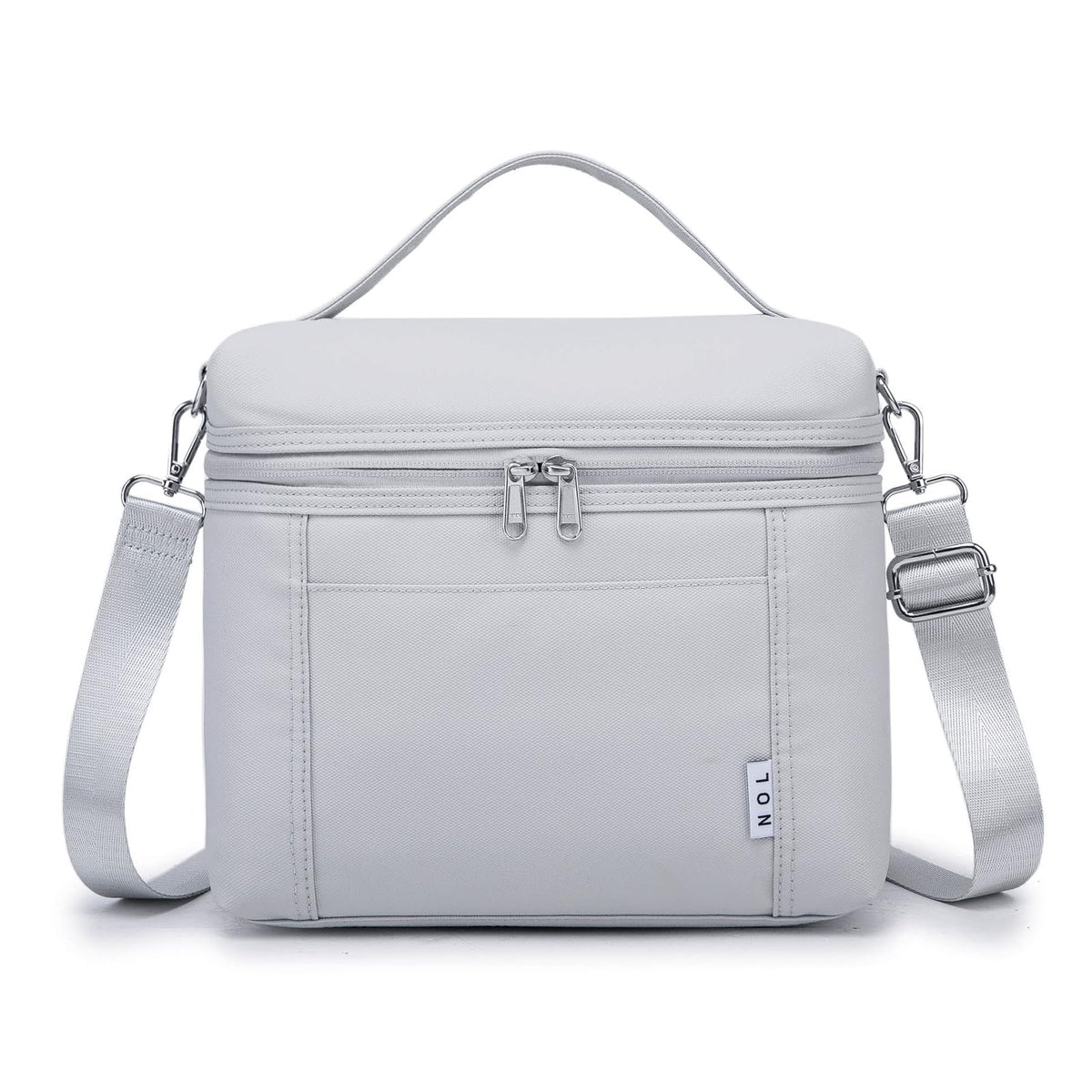 NOL front view gray white lunch bag showing compact design and durable look