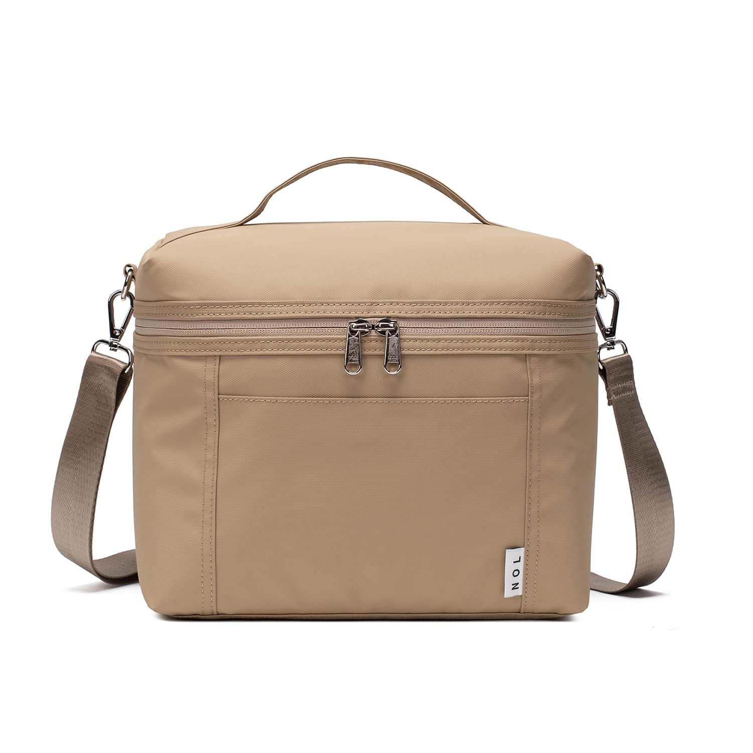 NOL khaki lunch bag front view showing compact stylish tote and easy access
