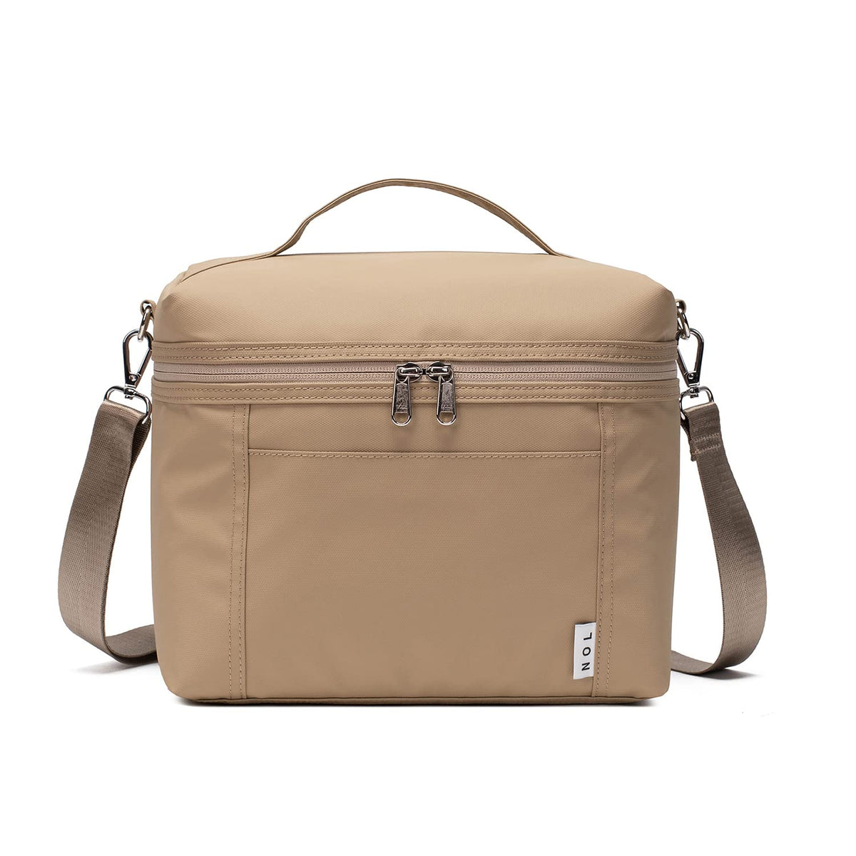 NOL khaki lunch bag front view showing compact stylish tote and easy access