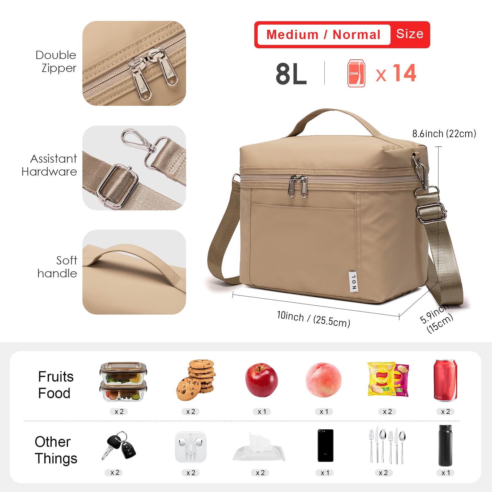NOL khaki lunch bag open main compartment showing ample insulated storage