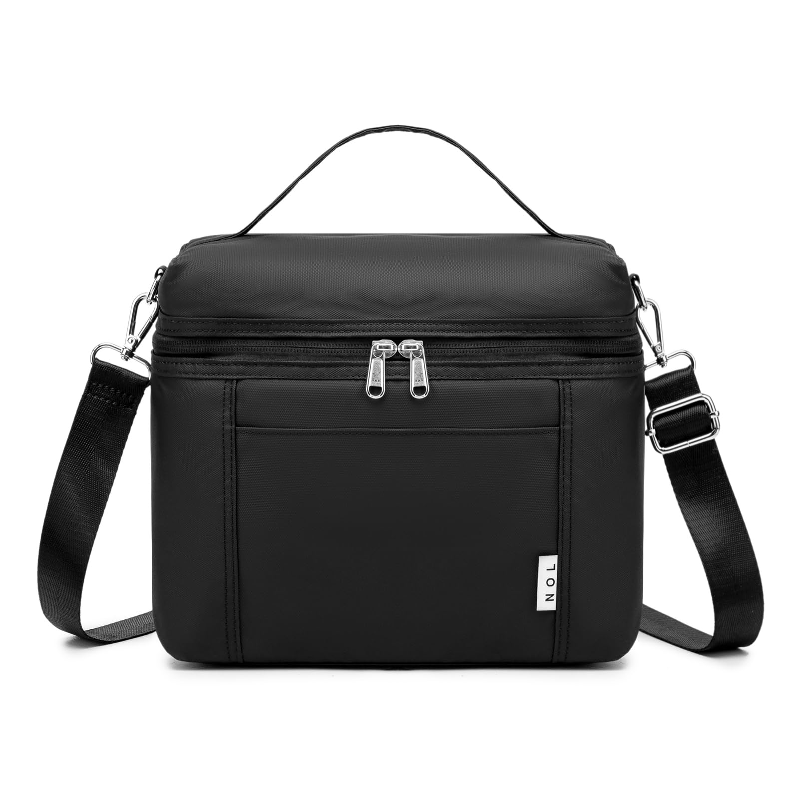 NOL lunch bag front view showing sleek black design and secure zipper