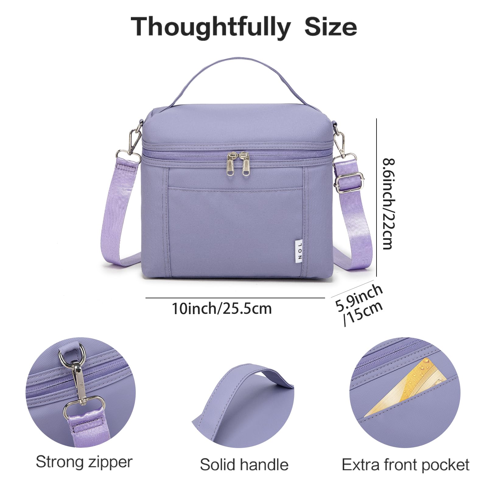 NOL lunch bag side profile with adjustable strap for comfortable cross-body wear