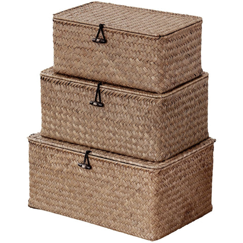 Nonam wicker front view showing three coffee-tone baskets and lids for tidy storage