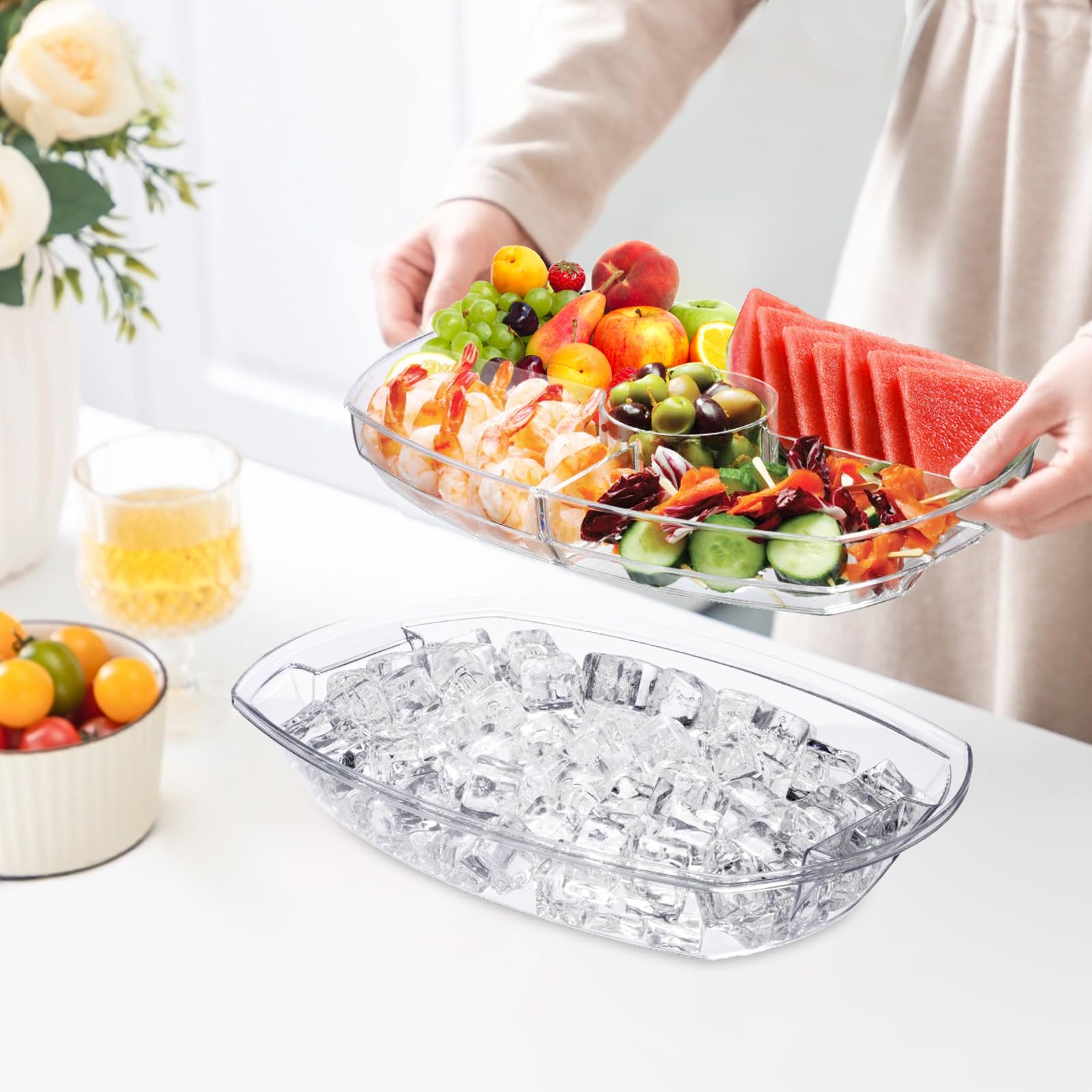 Norar serving in use at backyard picnic keeping salads and fruit chilled