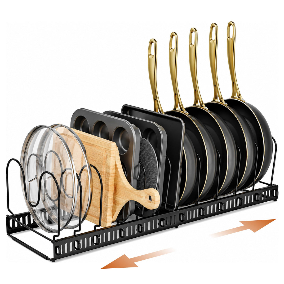 Norcalway front view of assembled rack showing organized bakeware and easy access