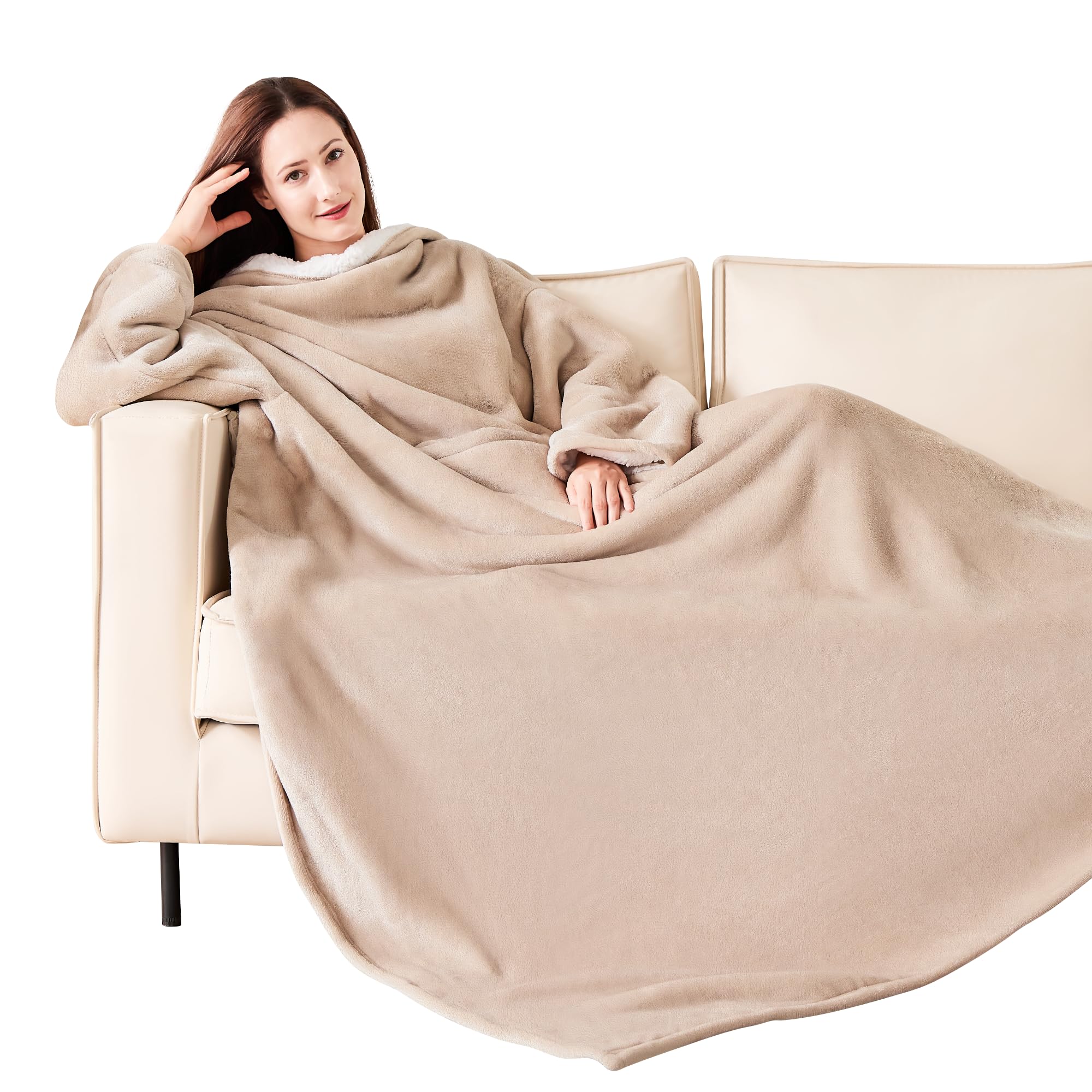 NORD ECO front view camel wearable blanket showing full coverage and cozy fit