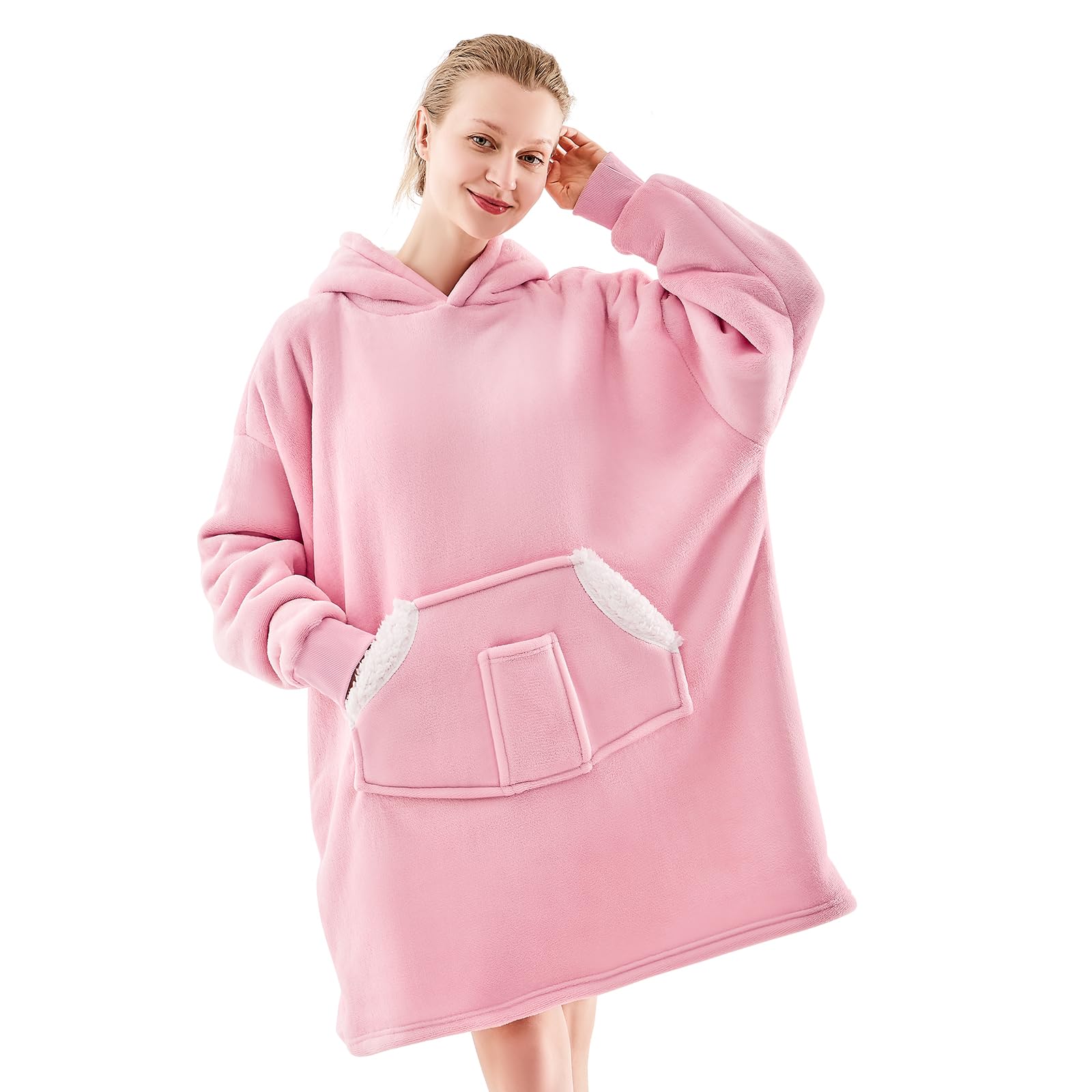 NORD ECO front view pink hoodie blanket showing oversized fit and cozy look