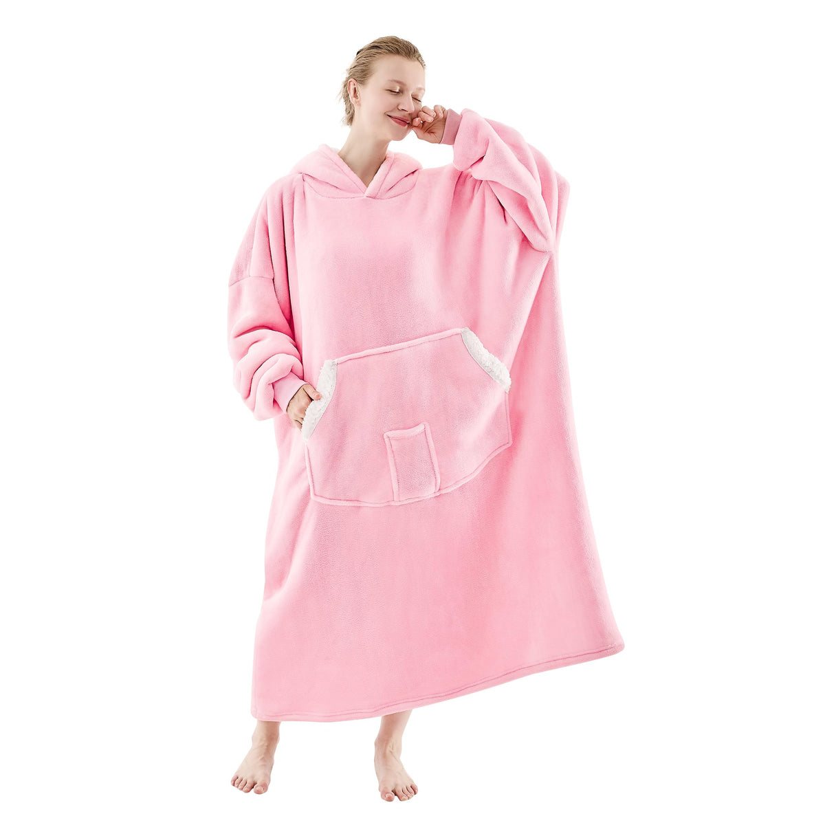 NORD ECO front view of pink oversized hoodie blanket showing comfortable fit