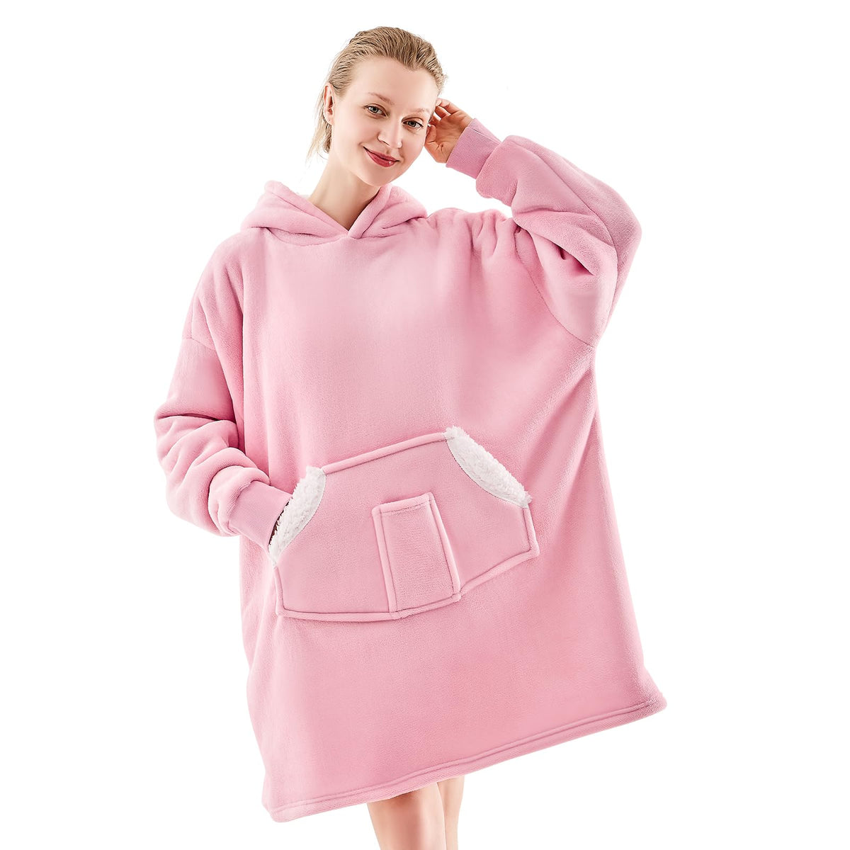 NORD ECO front view pink hoodie blanket showing oversized fit and cozy look