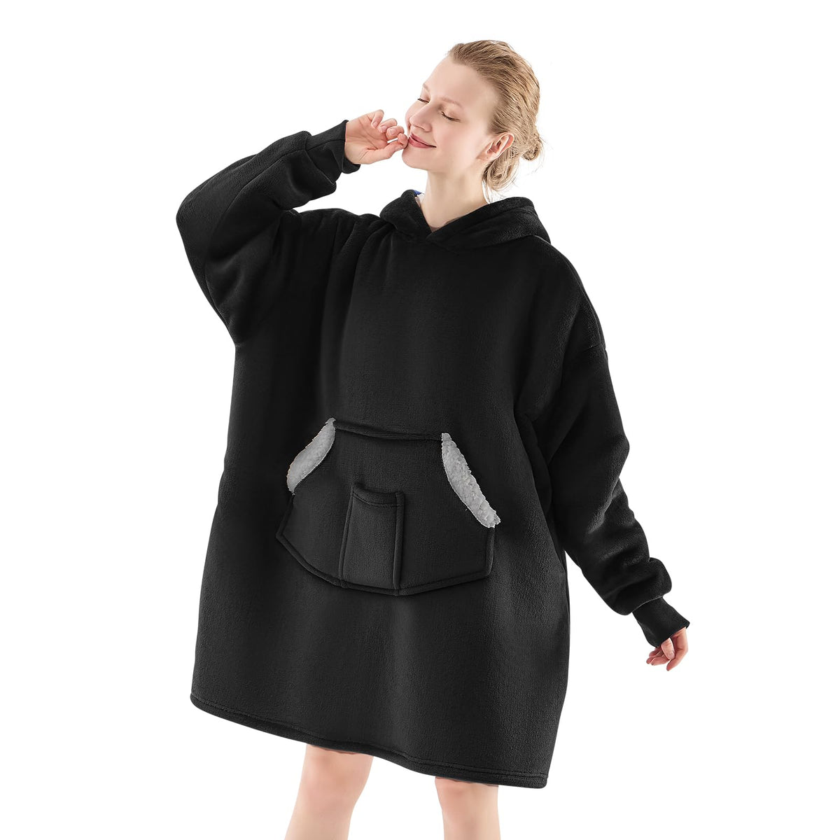 NORD ECO front view of black wearable blanket hoodie showing cozy fit