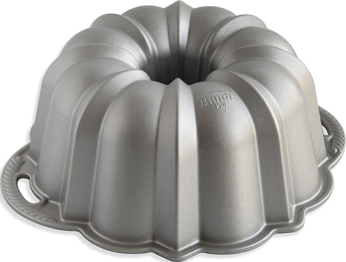 Nordic Ware front view of silver Anniversary Bundt pan showing shape and flutings benefits easy presentation