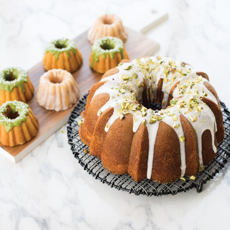 Nordic Ware Anniversary Bundt inside an oven demonstrating even heat distribution for consistent browning benefit