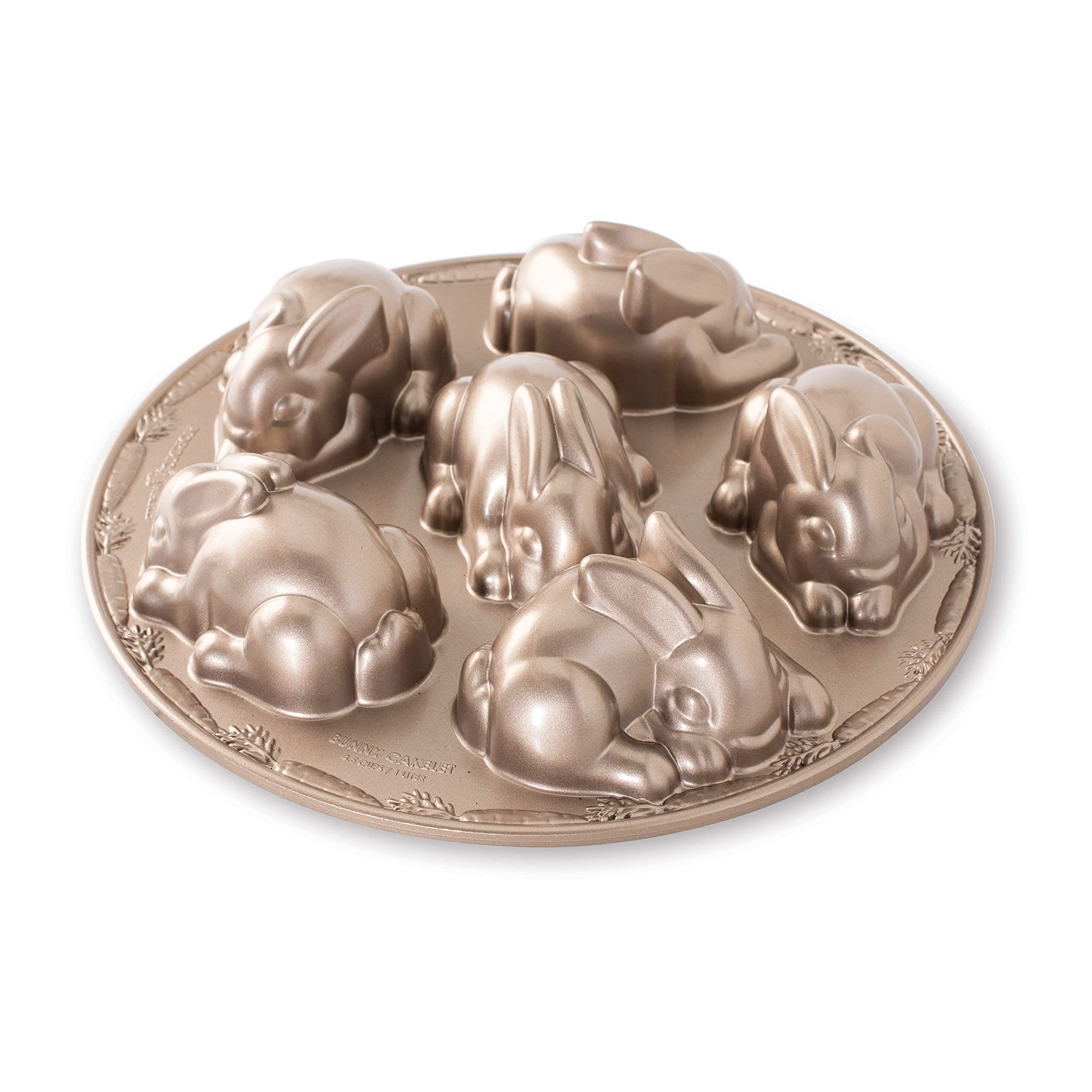 nordic ware front view of toffee baby bunny cakelet pan showing six cavities for even baking