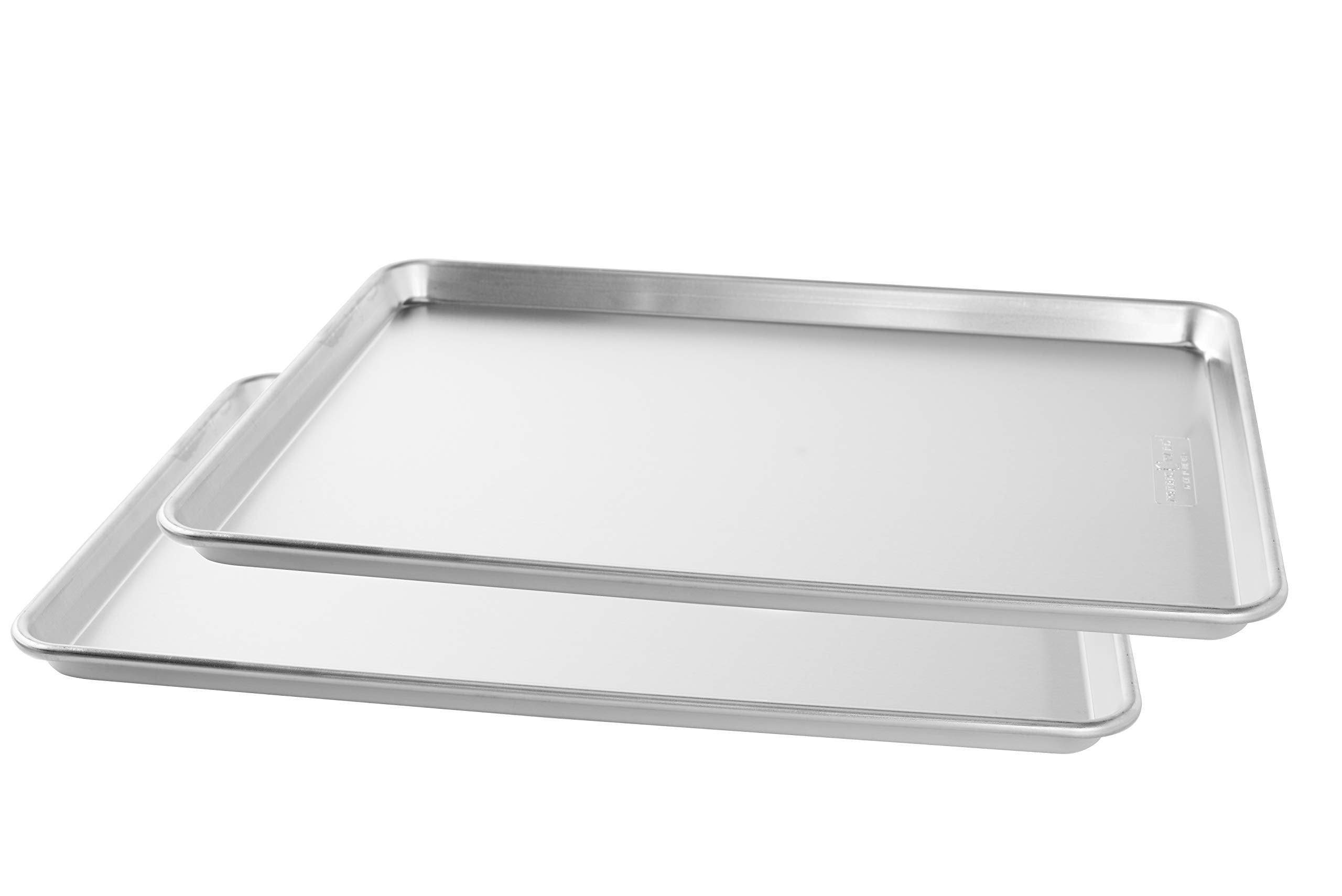 Nordic Ware front view of extra large sheet pan showing full surface and benefit of more baking area