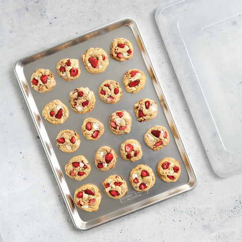 Nordic Ware sheet pan in oven with roasted vegetables showcasing high-heat cooking performance